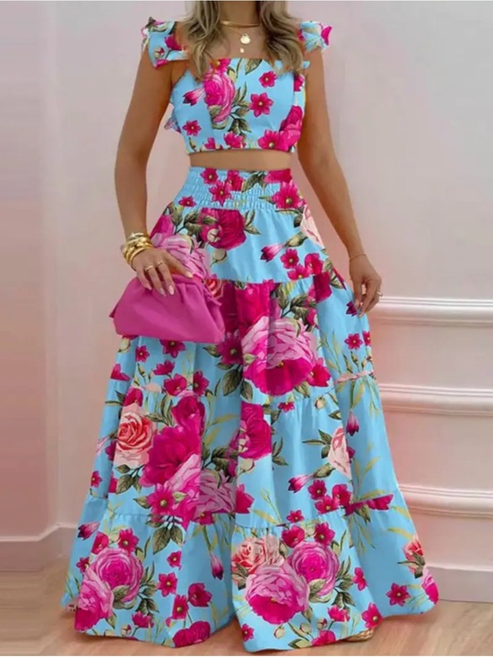 Dresses & Skirts - 💙HOST PICK Style Spotlight 💙Floral 🌸2 pc Skirt in Bright Pink on Sky Blue set